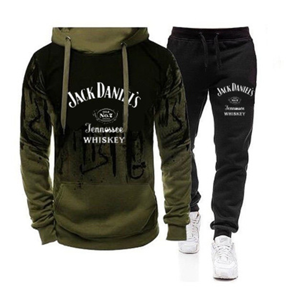 2021 autumn and winter long-sleeved trousers jacket trend hooded sports casual printed suit men
