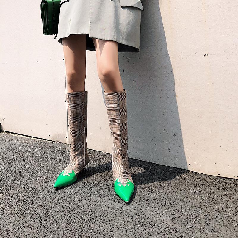 Women's Mid-calf Boots Pointed Toe Med Heels Checks Plaids Shoes Mixed Color Canvas B2161, 01
Women's Mid-calf Boots Pointed Toe Med Heels Checks Plaids Shoes Mixed Color Canvas B2161, 01