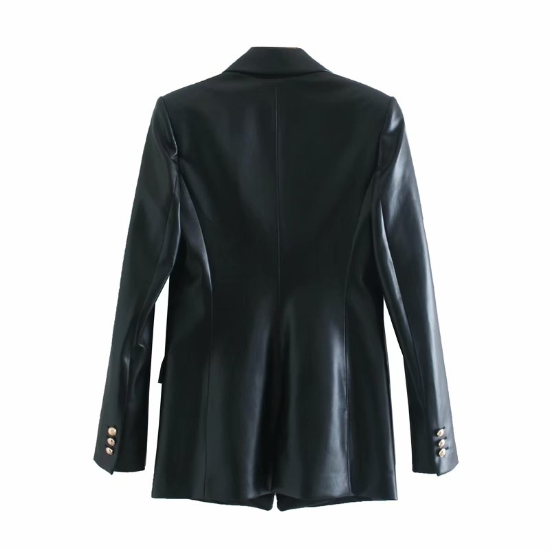 Elegant women faux leather blazer fashion office ladies breasted double jacket streetwear female pocket girls chic 201114