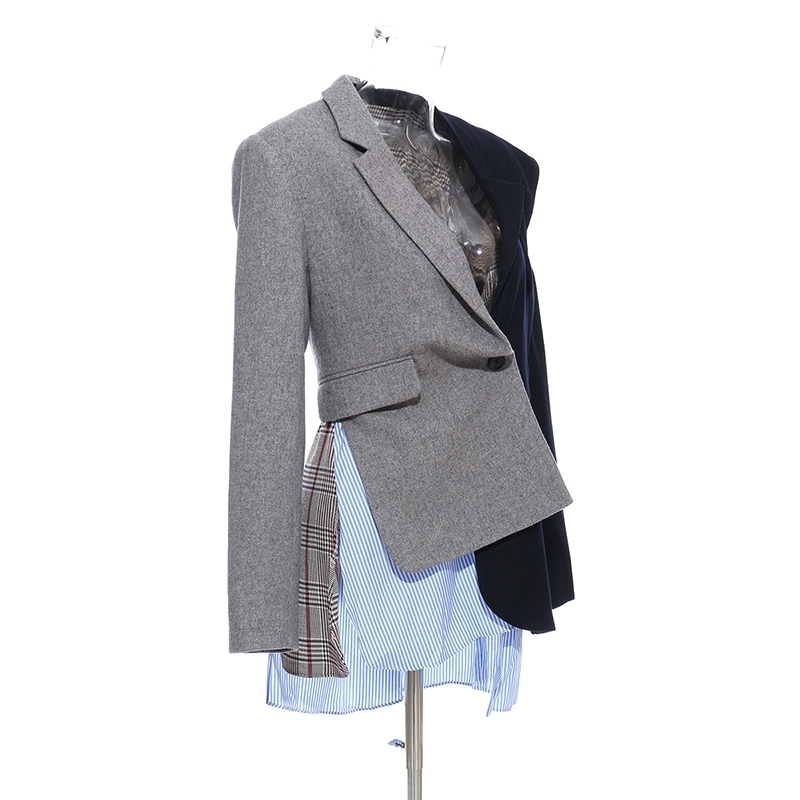 EAM Women Gray Plaid Striped Split Joint Blazer Lapel Long Sleeve Loose Fit Jacket Fashion Spring Autumn 1T134 201114