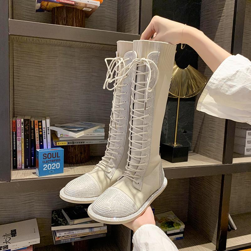 European station knitting rhinestone big head over the knee boots boots motorcycle thin women's shoes, Beige
European station knitting rhinestone big head over the knee boots boots motorcycle thin women's shoes, Beige