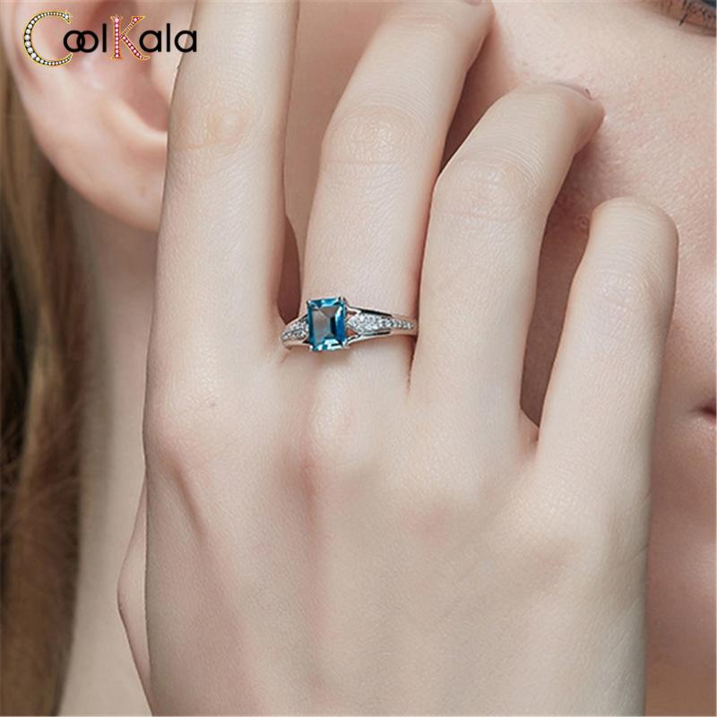 Wedding Rings Coolkala Fashion Peacock Rectangle Blue Tourmaline Ring