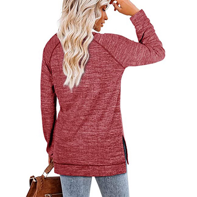 Women Cotton Blouses Crew Neck Fall Long Sleeve Side Split Loose Casual Pullover Tunic Tops T Shirt