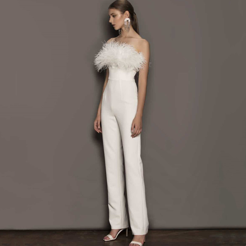 Sexy Mermaid Evening Dresses With Jumpsuit Strapless Feather Formal Party Prom Dress For Arabic Women Vestidos De Novia