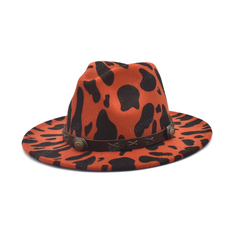 New Fashion Cow Print Jazz Caps Men Fedoras Hats Women Wool Felt Wide Brim Vintage Cowboy Hat