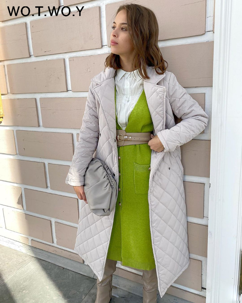 WOTWOY Argyle Belted Long Parkas Women Cotton-Padded Thick Winter Jacket Female Solid Casual Oversized Warm Overcoat with Pocket 201110
