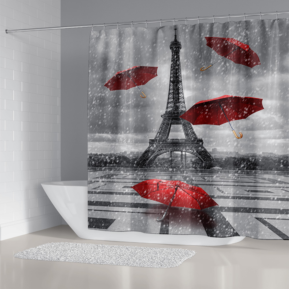 Retro Paris Tower Print Shower Bath Curtain Bathroom Accessories 4 Piece Set Soft High Quality Toilet Mat Pad Home Decor T200711