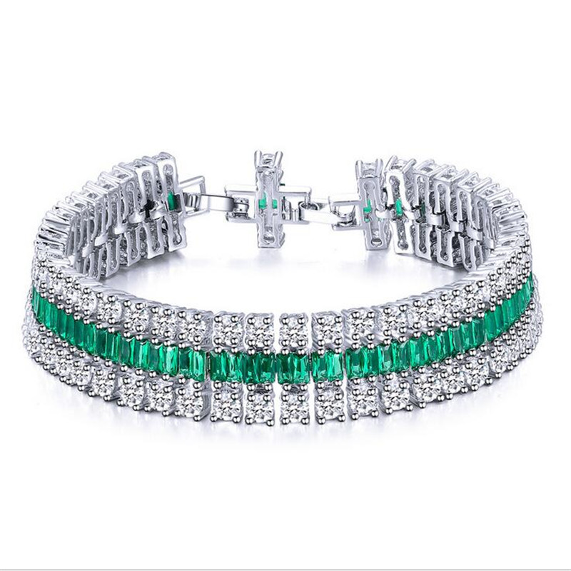 Sparkling New Arrival Top Sell Luxury Jewelry 925 Sterling Silver Emerald CZ Diamond 3 Rows Gemstones Women Wedding Bracelet For Lover Gift