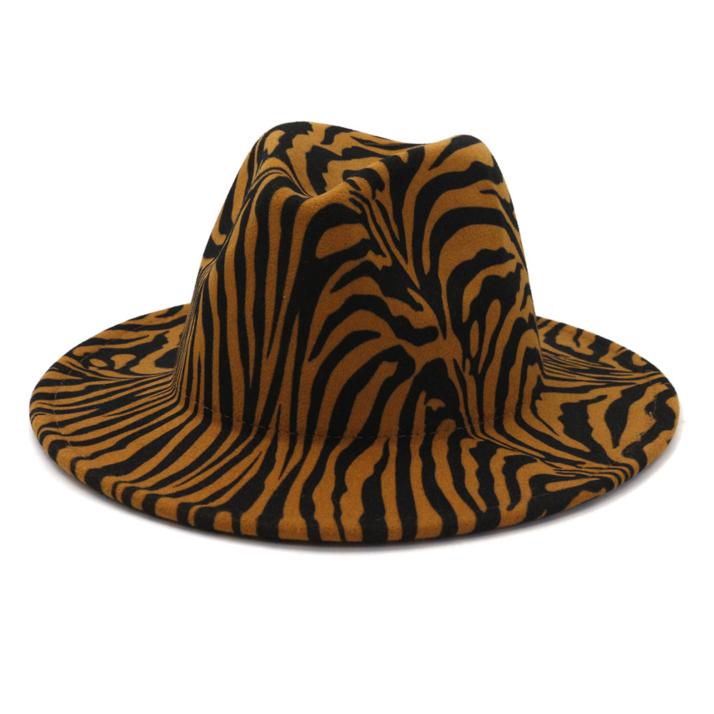 fashion Zebra Pattern Artificial Wool Felt Fedora Hats Fashion Women Men Large Brim Jazz Party Cap Panama Style Cowboy Hat
