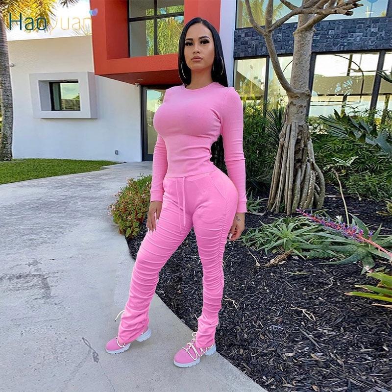 HAOYUAN Sexy Plus Size Two Piece Jumpsuit Bodycon Long Sleeve Top+stacked Leggings Winter Fall Clothes Women Outfit Matching Set 201007