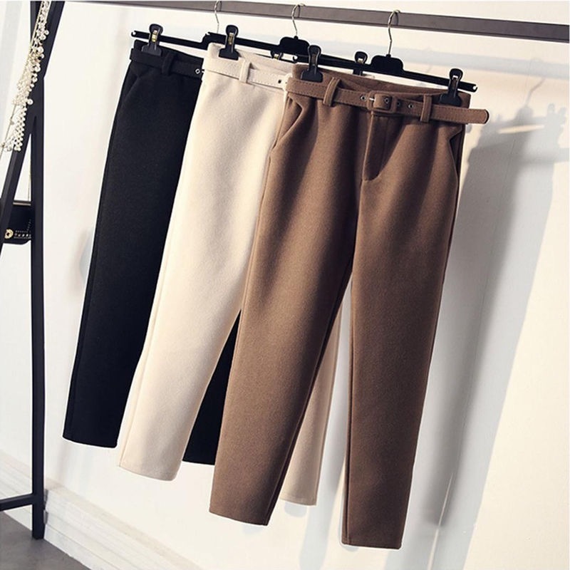 casual women woolen Pants winter OL style femme pencil pants high waist women's Harem trousers for work 201031