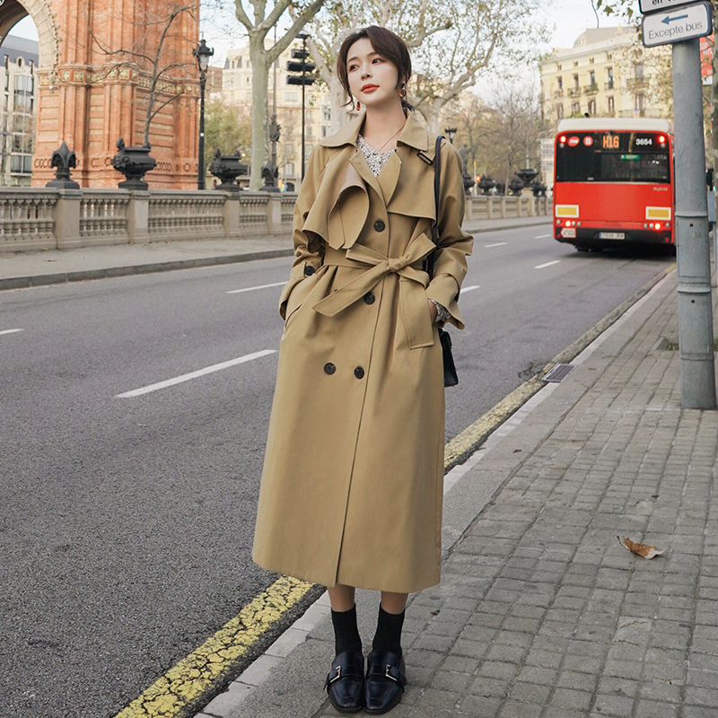 Spring Autumn Double Breasted Women Trench Coat Long Below-Knee Belted Duster Coat Khaki Outerwear for Ladies Windbreaker T200811