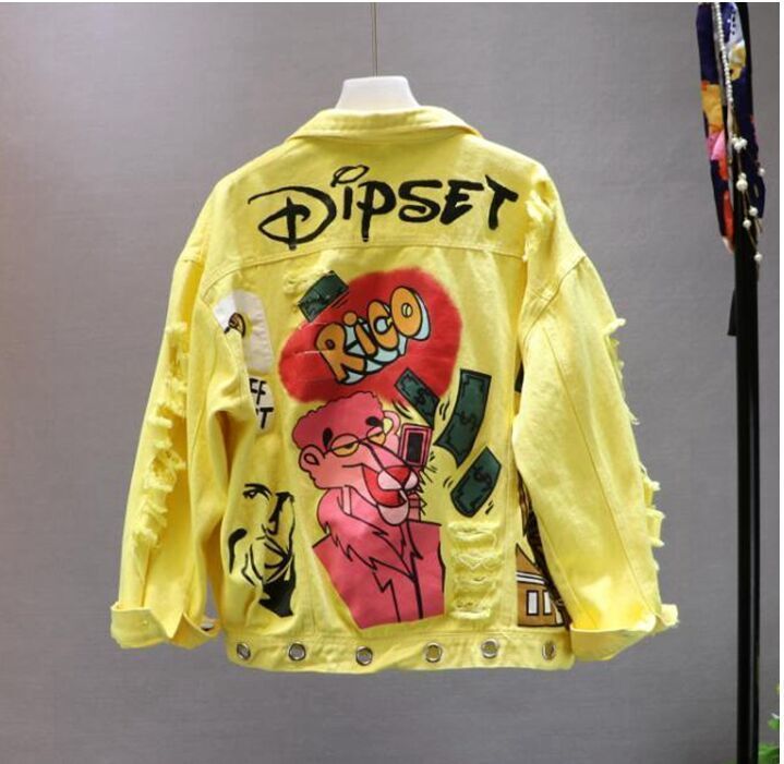 Red Yellow Jeans Jacket New Spring Autumn Women's Graffiti Alphabet Printing Lace Bow Pin Hole Denim Jacket Student Basic Coat T200212