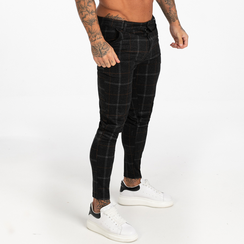 GINGTTO Men Skinny Chino Pants Autumn Winter Black Plaid Pants Skinny Pant Men High Waist DROPSHIPPING zm383 201118