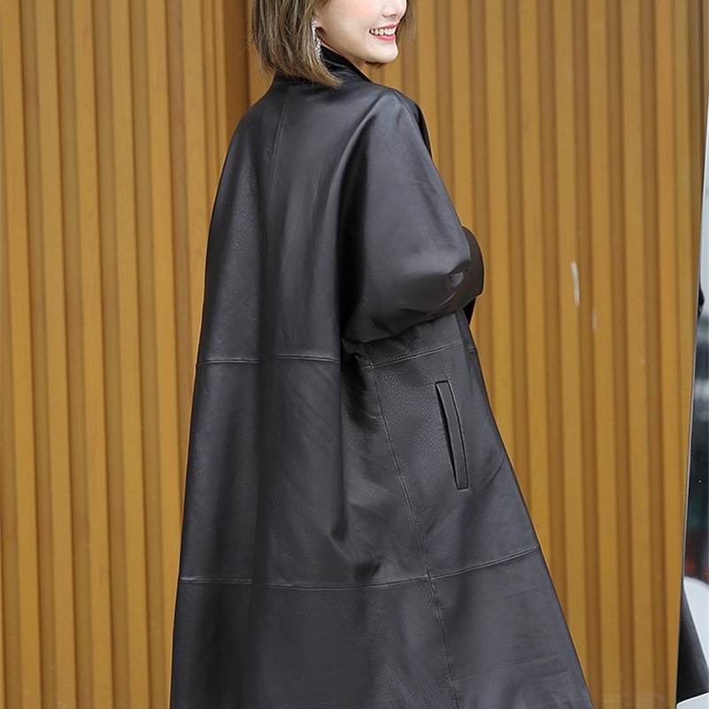 Lautaro Black oversized jacket batwing sleeve Casual soft loose wrap coat Plus size faux leather streetwear women Y201001