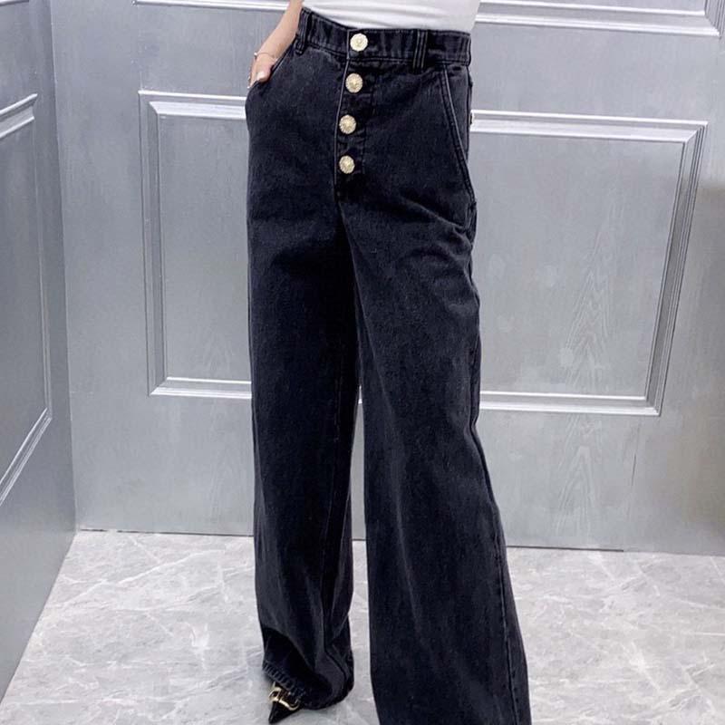 Cosmicchic 2020 Black Jeans High Waist Gold Buttons Women Trousers Ankle-Length-Pants Wide-Leg-Pants Runway Autumn Winter Casual