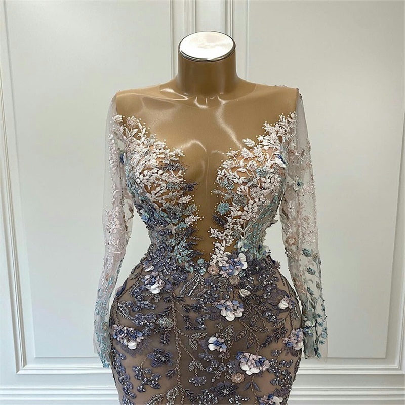 Chic Floral Mermaid Evening Dresses 3D Appliqued Lace Ruffles Long Sleeves Sweep Train Formal Party Gowns Sexy Illusion Prom Dresses