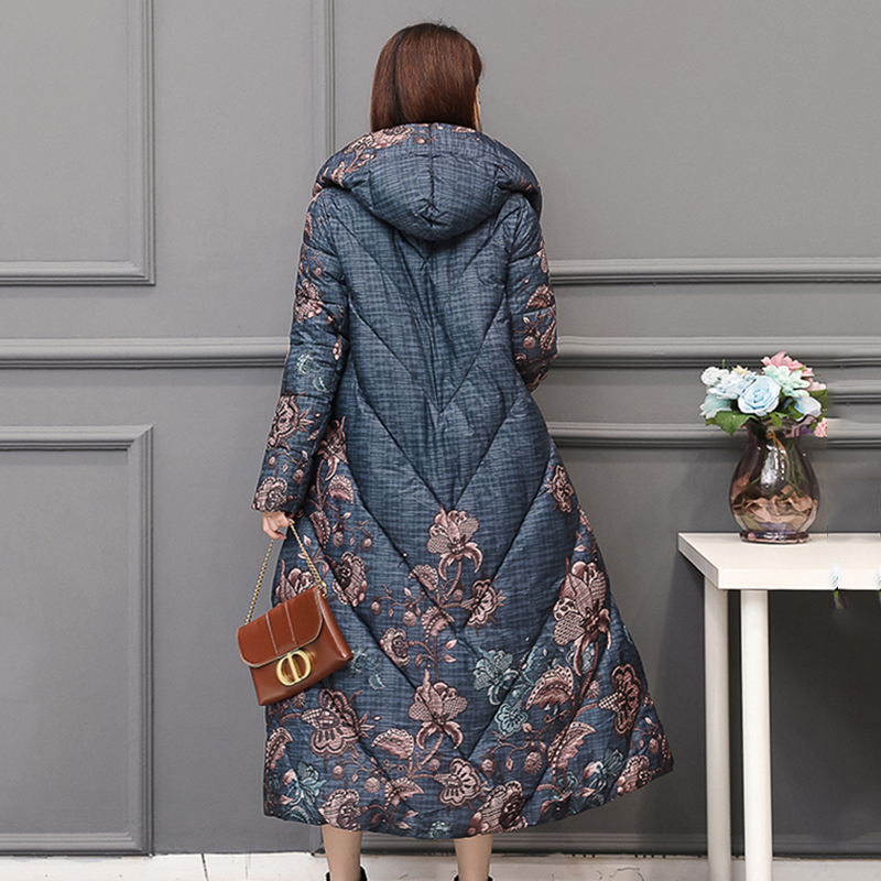 Chinese Style Women's Winter Down Jacket X-long Printing Plus Size Thick Outwear Hooded Loose Covered Button Female Cold Coat 201031