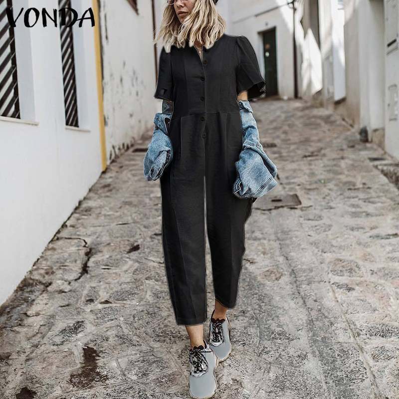 2019 VONDA Women Jumpsuit Summer Romper Sexy Short Sleeve Button Straight Playsuit Casual Cotton Playsuit OL Overalls Plus Size T200303