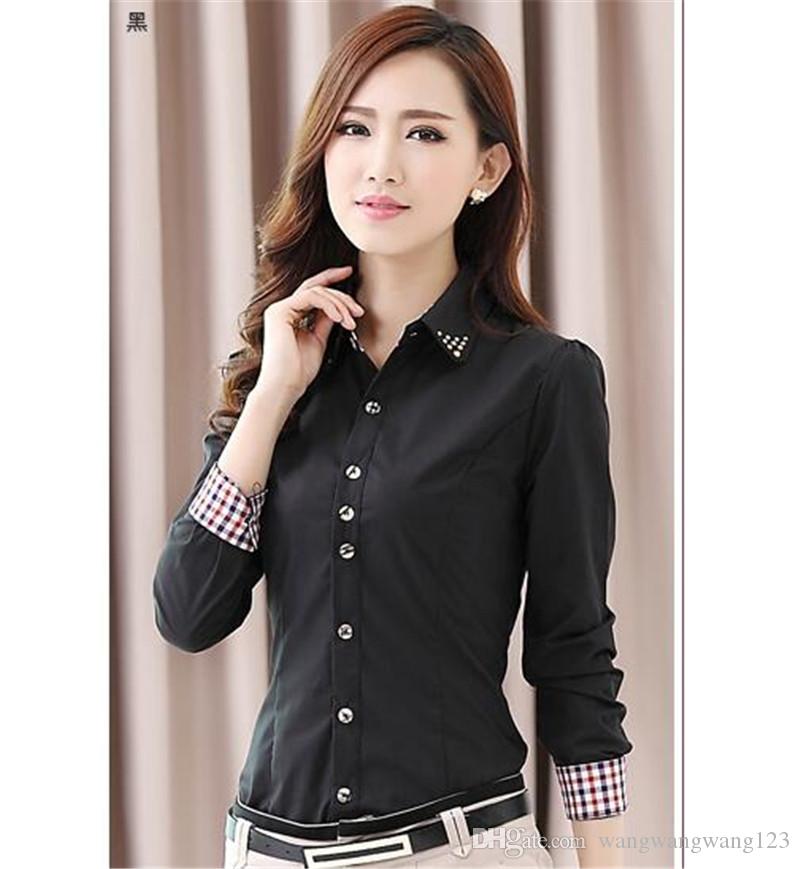 spring autumn women Career wear Office blouse tops Shirt Long Sleeve red white Korean lady Slim Cotton Blend Formal Workwear