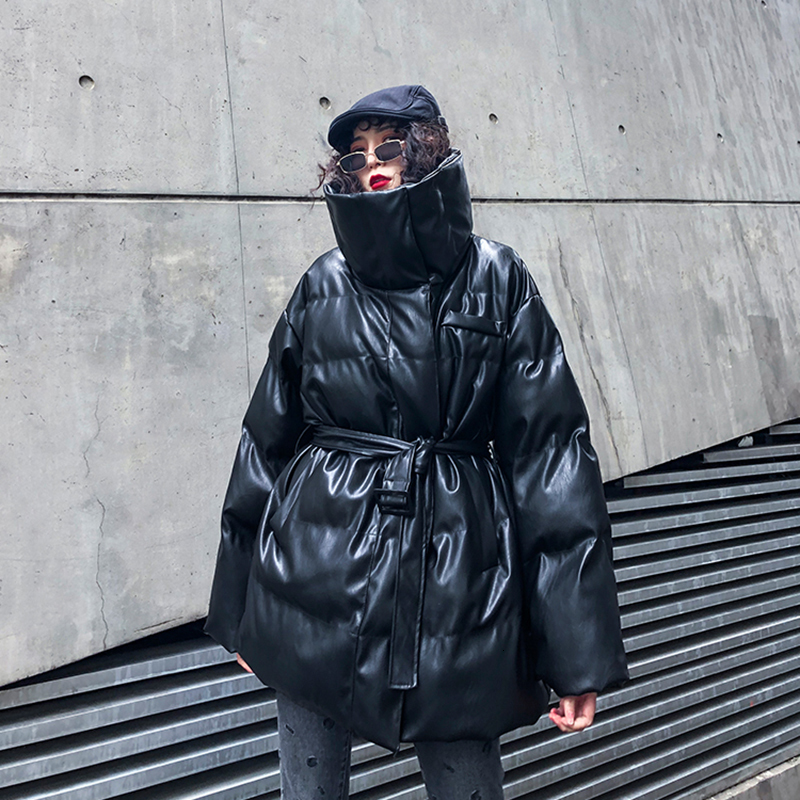 EAM Black Pu Leather Big Size Cottonpadded Coat Long Sleeve Loose Fit Women Parkas Fashion Autumn Winter 19Aa6 201017