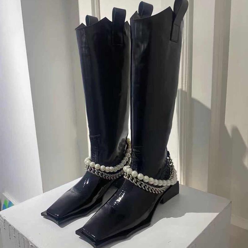 Women's Knee High Boots Low Heels Square Toe Beading Metal Chain Pull On Shoes B274, Black
Women's Knee High Boots Low Heels Square Toe Beading Metal Chain Pull On Shoes B274, Black