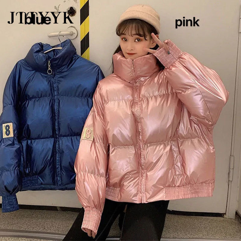 2020 New Winter Short Parka Loose Candy Color Glossy Down Coat Jacket Women Korean Sweet Stand Collar White Duck Down Overcoat T200810