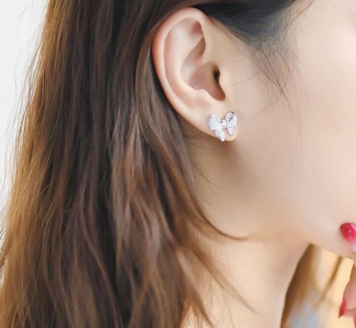 Sterling Silver Bowknot Designer Stud Earrings Shining Crystal Diamond Luxury CZ Diamond Stone Cute Earring Ear Rings Jewelr