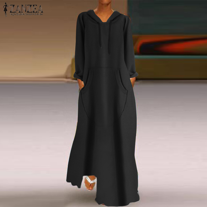 Women's Autumn Hooded Maxi Dress ZANZEA Vintage Long Sleeve Hoodies Sweatshirts Casual Female Sundress Plus Size Vestidos T200416