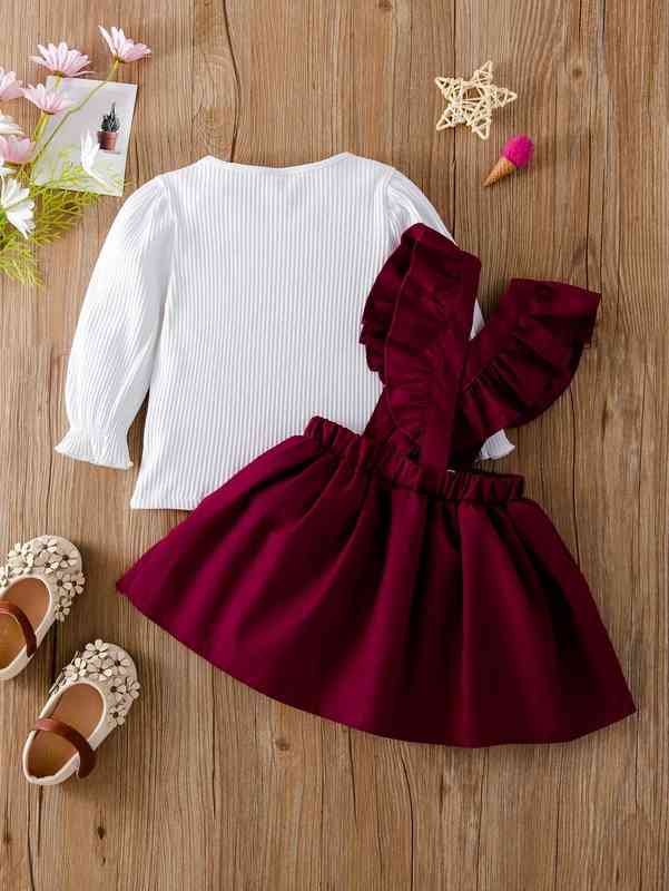 Baby Ribbed Knit Flounce Sleeve Top & Ruffle Trim Pinafore Skirt SHE