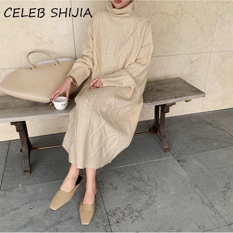 Chic Fashion Turtleneck Long Knitted Jumper Dress Woman full sleeve Looose autumn winter khaki sweater dress female 201030