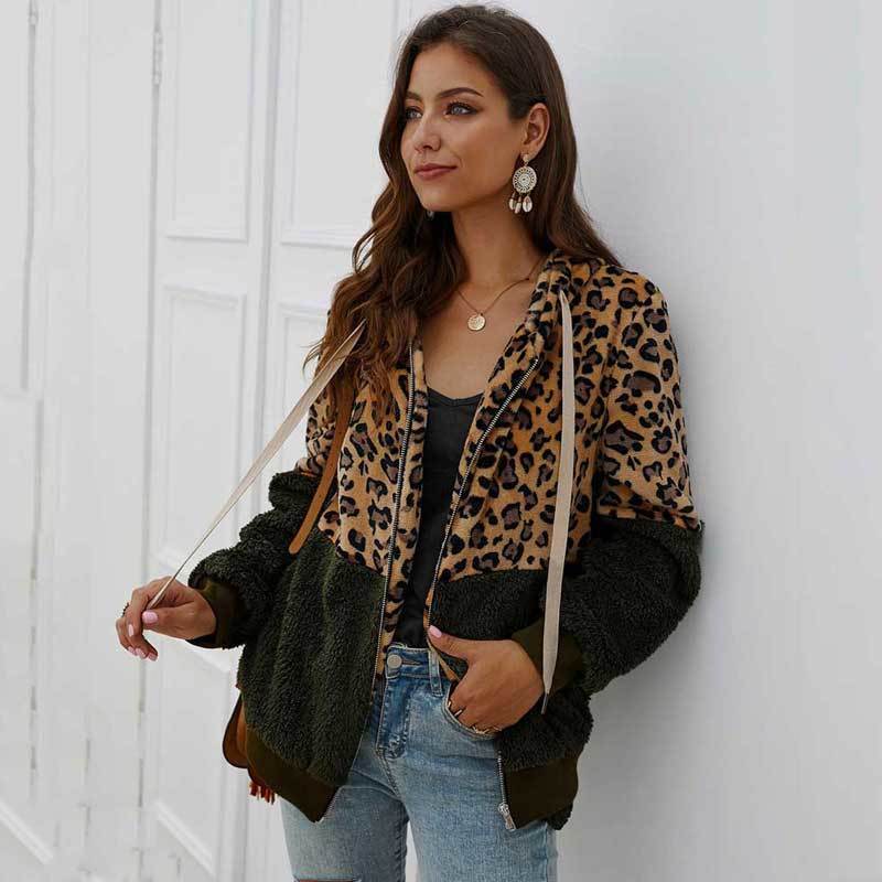 Fashion Leopard Faux Fur Coat Women Teddy Coat Female Leopard Print Plush Teddy Jacket Long Sleeve Fluffy Winter Coat Women 201019