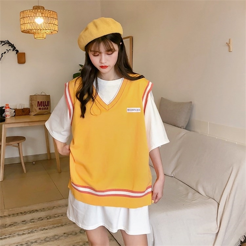 Women Sleeveless Pullover Autumn Korean Style Stripe Patchwork Casual Loose V Neck Knit Sweater Vest Waistcoat Top T362 201111