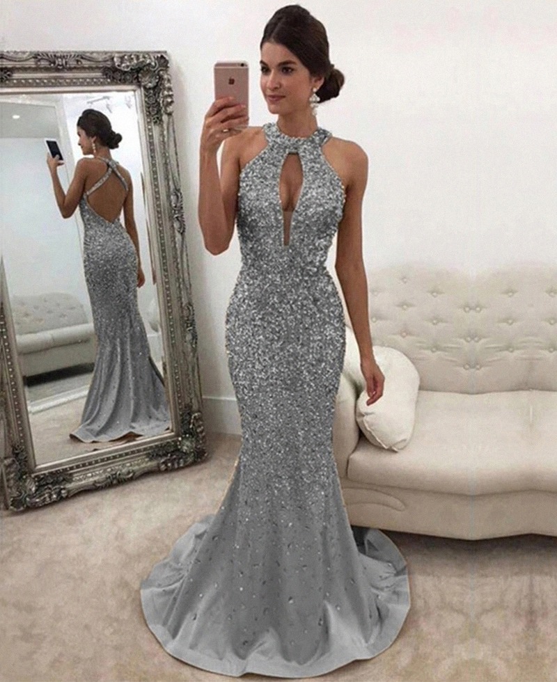 2022 Sexy Arabic Silver Gold Evening Dresses Wear Jewel Neck Keyhole Crystal Beading Mermaid Satin Open Back Sweep Train Formal Party Dress Prom Gowns