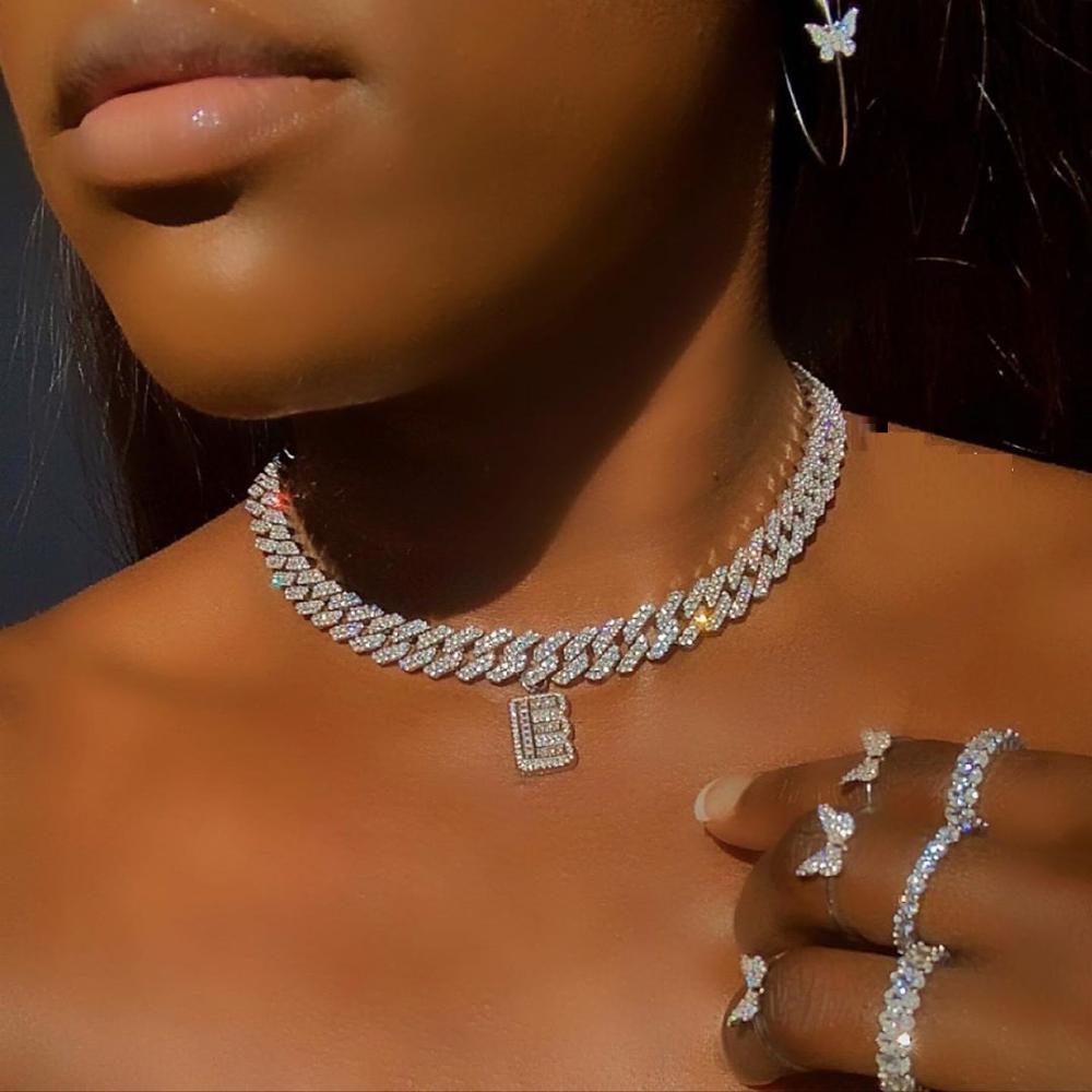 Top quality 5A cubic zirconia 12mm width cuban link chain Gold color iced out bling baguette cz 26 Alphabet Initial charm name necklace