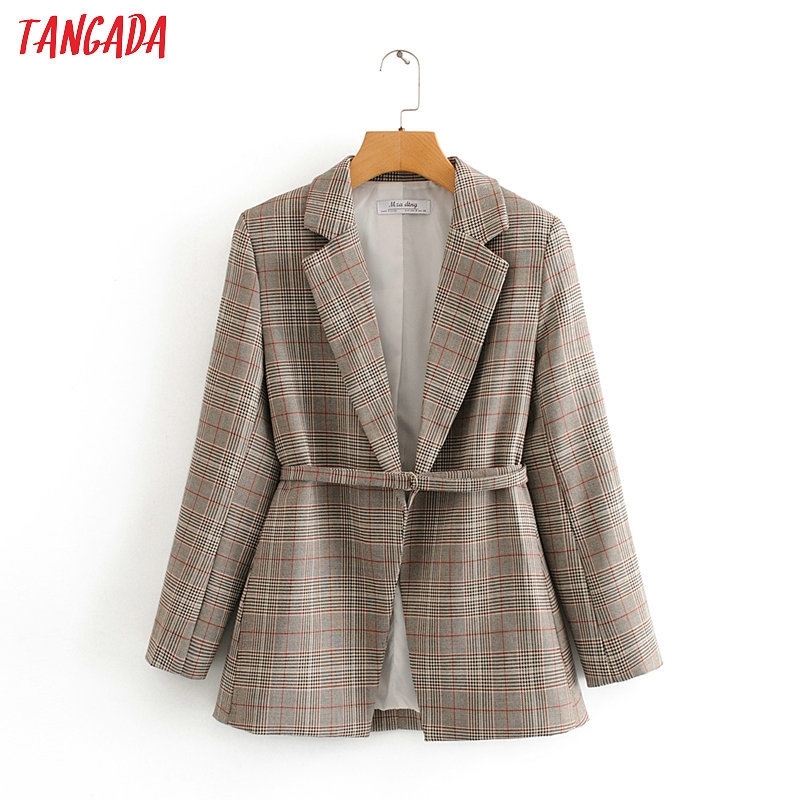 Tangada women vintage plaid blazer with belt female long sleeve elegant jacket ladies work wear blazer formal suits DA12 201201