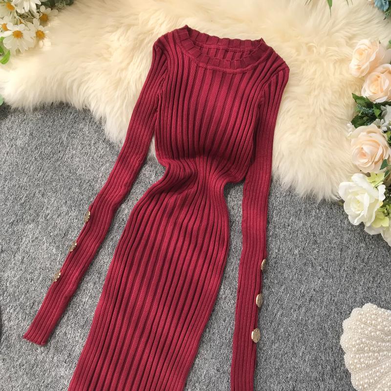 Fashion Button Sexy Slim Autumn Winter Bodycon Knit Sweater Midi Long Dress Party Women Casual Long Sleeve Split Sheath Vestidos 201008