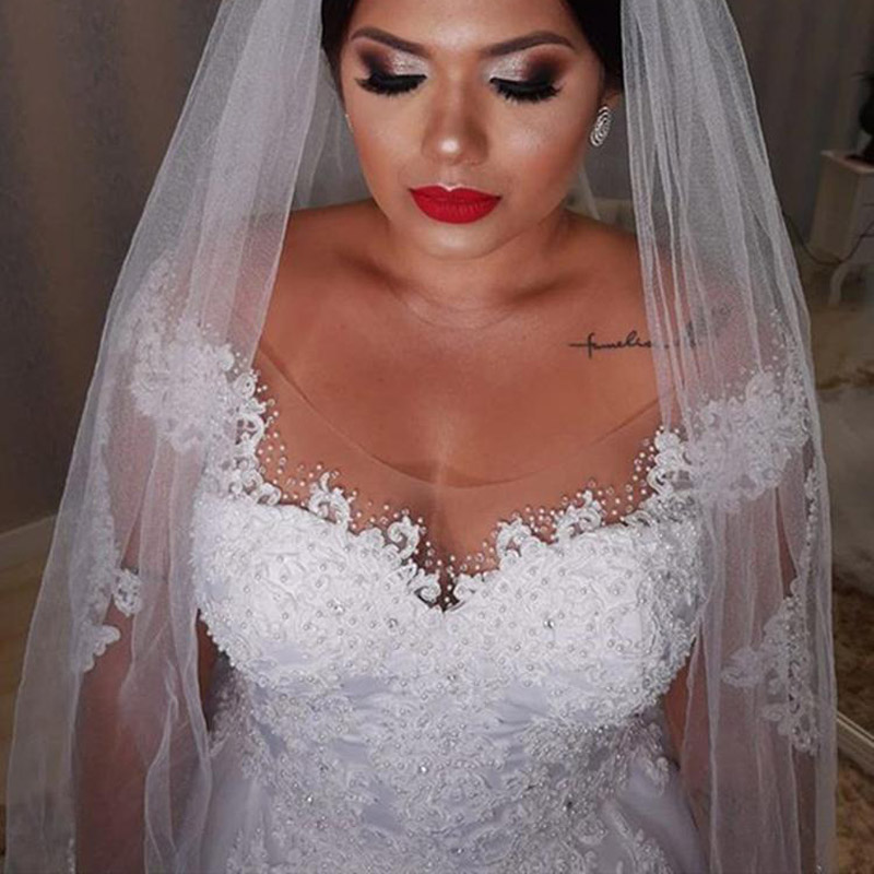 Princess New Lace Wedding Dresses Plus Size Illusion Long Sleeve Pearls Beading Appliques White Bridal Gowns vestido de noiva