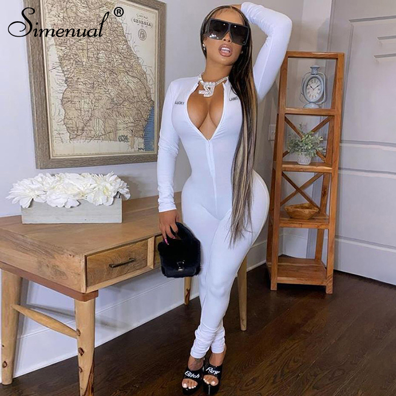 Casual Sporty Letter Printed Rompers Womens Jumpsuit Long Sleeve Workout Zipper Fitness Bodycon Jumpsuits Lucky Label