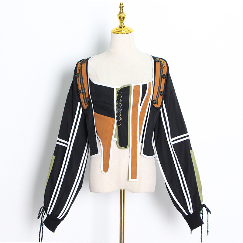 Women's Patchwork Casual Coat - Square Collar, Long Sleeve, Lace Up Bowknot, Streetwear Jacket