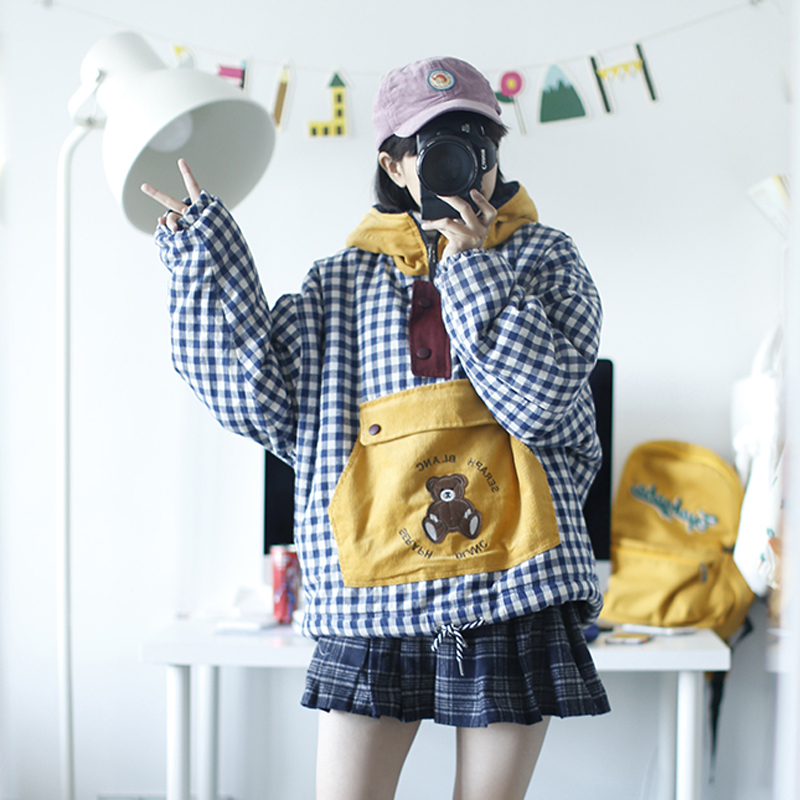 Women Winter Thick Parkas Coats Warm Cotton Padded Coat Velvet Lamb Jacket Hooded Outwear Cute Bear Plaid Girl Loose Overcoats 201019