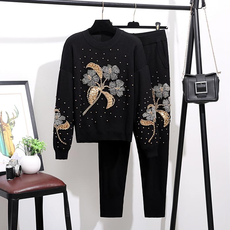 Manual Beaded Sequin Flowers Women Knitted Tracksuit Set Loose Black Pullover Sweater Long Pants Knit Two Piece Outfits Female 
Manual Beaded Sequin Flowers Women Knitted Tracksuit Set Loose Black Pullover Sweater Long Pants Knit Two Piece Outfits Female