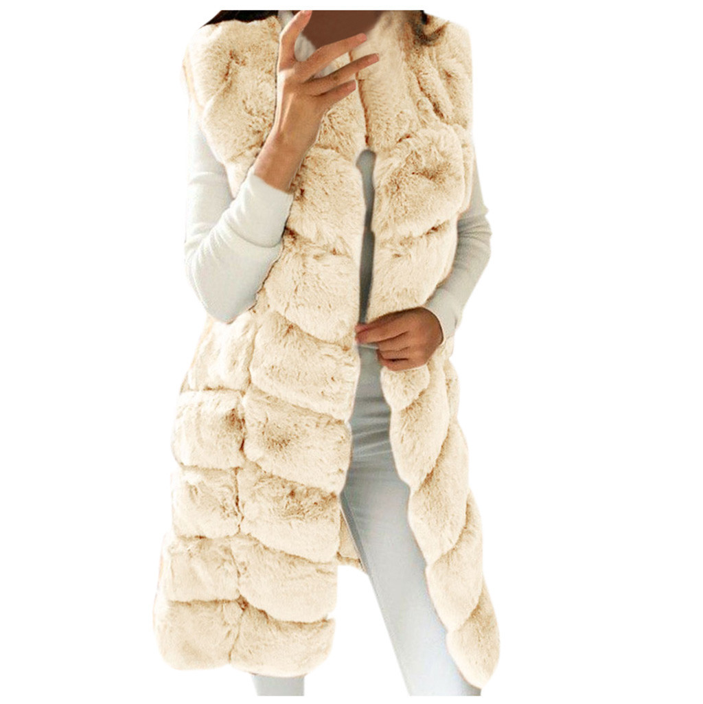 Womens Fur Vest Ladies Elegant Faux Fur Long Winter Jackets Coat Black Sleeveless Waistcoat Body Warmer Outwear 201031