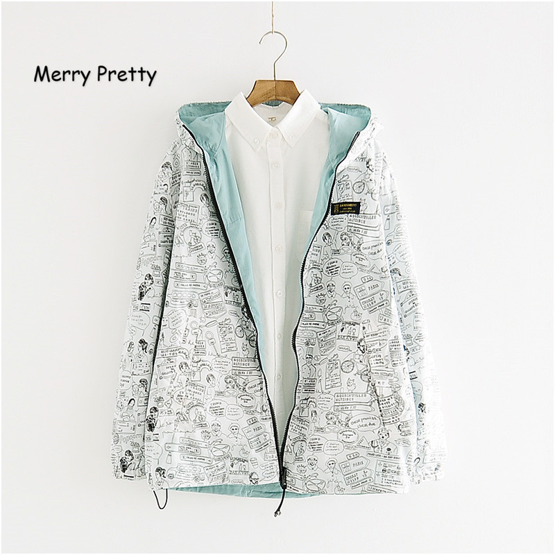 MERRY PRETTY Autumn Women Bomber Basic Jacket Pocket Zipper Hooded Two Side Wear Cartoon Print Outwear Loose Coat 201017