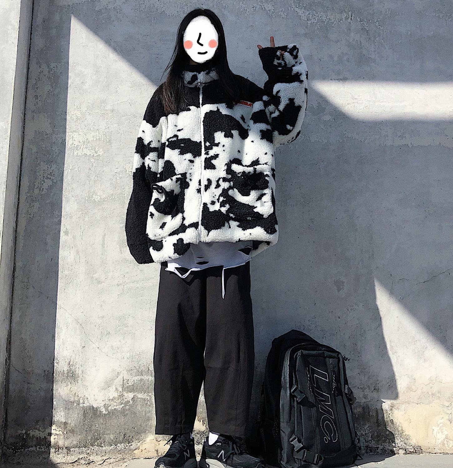 Cow Pattern Winter Padded Coat Patchwork Parka Hip Hop Jacket for Women Fleece Warm Outwear Windbreaker Streetwear Harajuku 201127