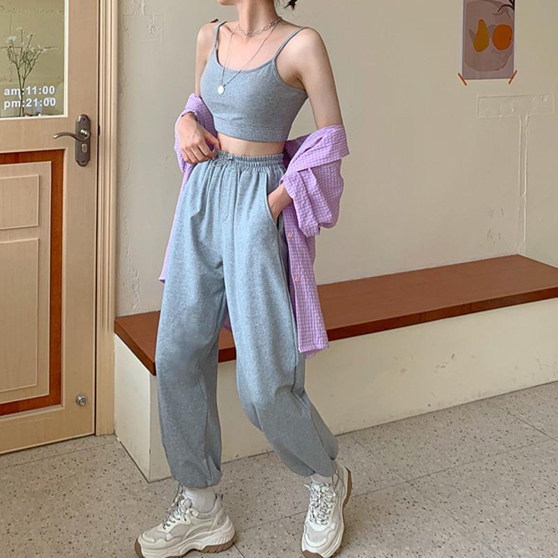 

2020 Korean Style Joggers Women Loose Jogging Pnats Grey Sweatpants Fashion High Waist Jogger Pants Women Harun Pantalon, Gray tops