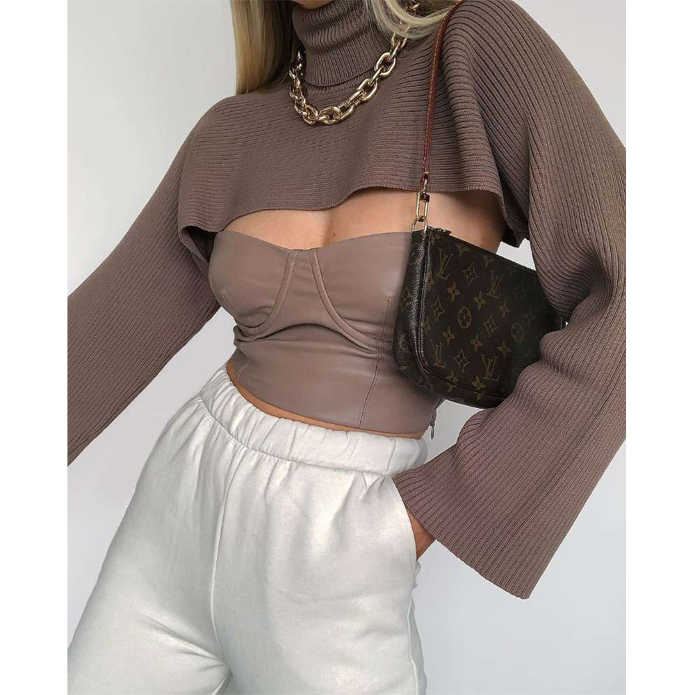 Fall Winter Women Knit Crop Top Knitted Arm Warmers High Neck Chic Sweater Casual High Street Cropped sweater 201221