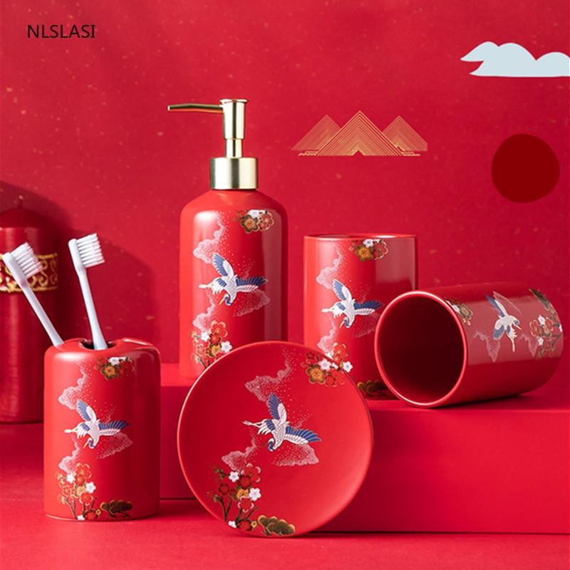 Chinese Red Bathroom Wash set Ceramic Five piece set Soap Dispenser Gargle Cup Toothbrush Holder Christmas Wedding gifts
Chinese Red Bathroom Wash set Ceramic Five piece set Soap Dispenser Gargle Cup Toothbrush Holder Christmas Wedding gifts