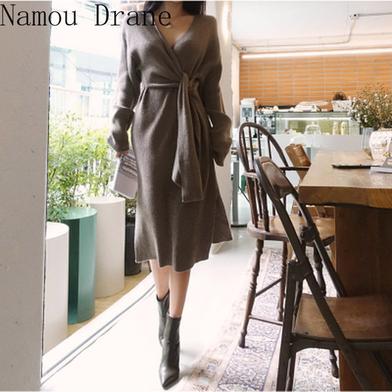 Korean Lace Up Sweater Dress Long Sleeve V-neck Elegant Knitted Dresses Autumn Winter Women Basic Vestidos 201126
