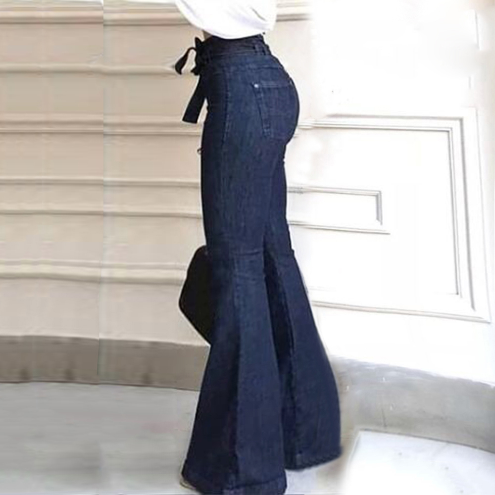 Laamei Women High Waist Bandage Wide Leg Denim Jeans New Women Spring Summer Jeans Ladies Stretch Fare Long Pants 210222